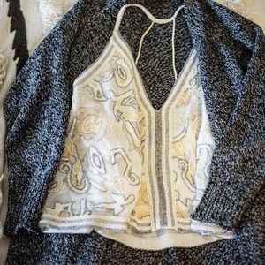 Free People Beaded Embroidered V-neck Halter Top